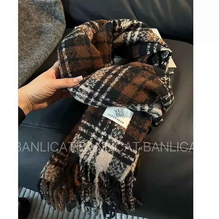 Korean Style Imitation Cashmere Plaid Scarf - Women's Warm, Thick, and Versatile Neck Warmer for Fall and Winter.