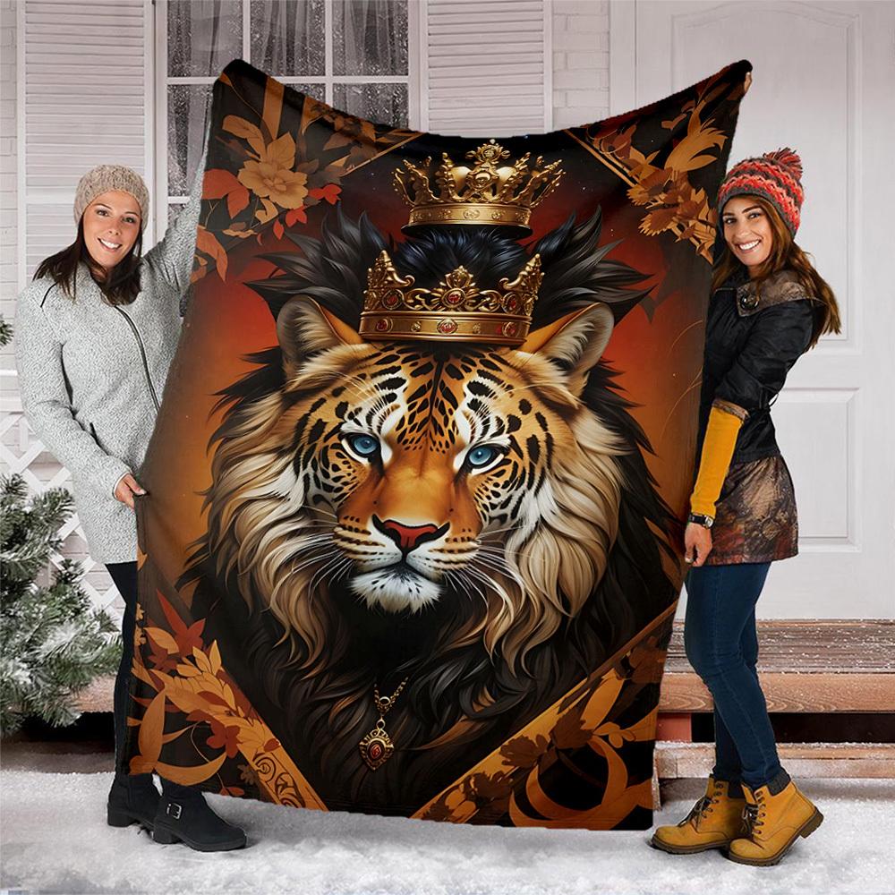 1pc Royal Tiger Crown Print Outdoor Blanket, Lightweight Polyester,