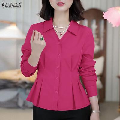 Women Casual Turn Down Collar Solid Color Long Sleeve Blouse