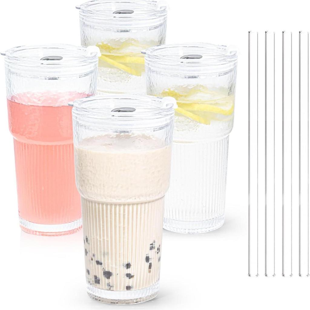 Eco-friendly Large Capacity Vertical Stripe Glass Cup with Straw