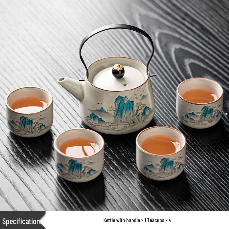 Yellow Ru-ware Landscape Beam Handle Tea Set
