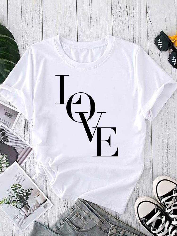 (Asian Size) Love Letter Style Short Sleeve T-shirts Women's Top Print O-neck  Fashion Female Casual T Clothing Graphic Tee