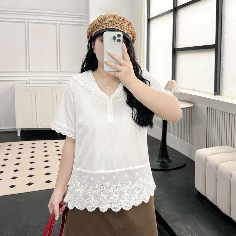 

Plus size women clothing [Artistic Lace Shirt] Lace Sailor Collar Shirts Embroidered Summer 100.00kg Short sleeve Top Beige 4XL([Recommended 77.50 kg-87.50 kg]])