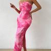 Sexy Strapless Floral Print Sheer Midi Dress Side Slit Bodycon Party Dress Summer Dress for Women Evening Party Outfit