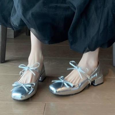 Evening Wind Square Head Bow Silver Single Shoes French Small Fragrant Mary Jane Shoes Doudou Shoes Spring and Autumn New Models