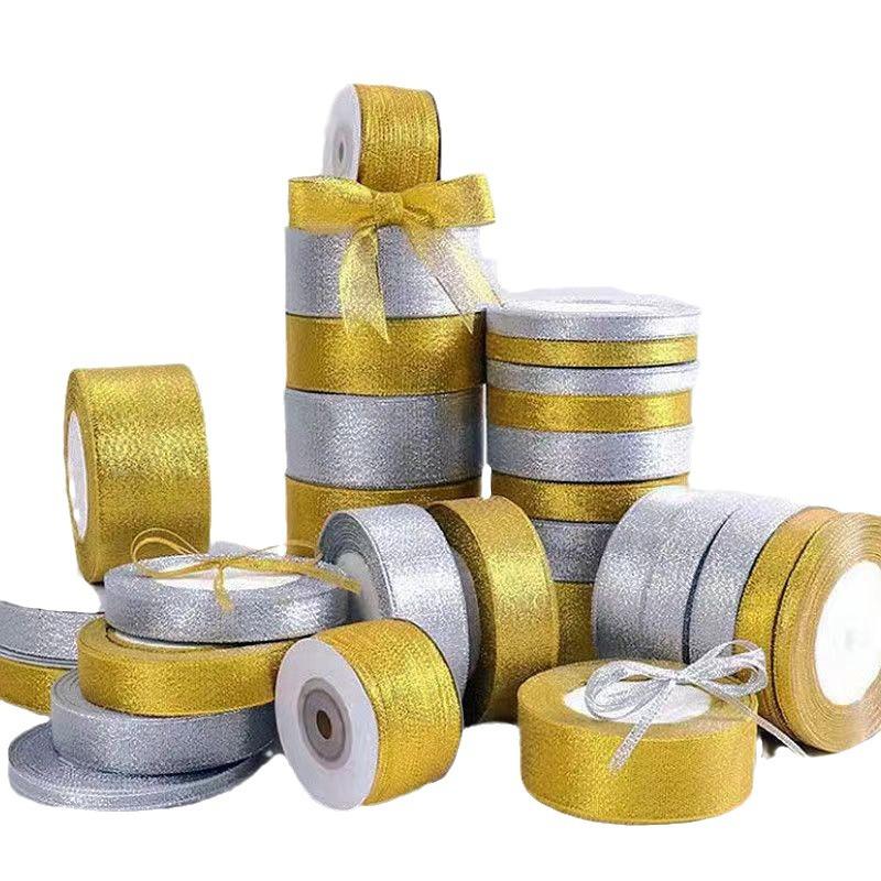 Gold Silver Polyester Silk Ribbon 100% Polyester Foil Printed Craft for Gift Wrap Webbing Cake Baking Wedding Bow Accessories