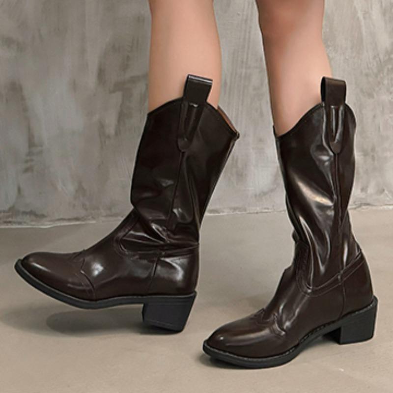 Pointed Toe Women High Boots Designer Chunky Leather Shoes Winter 2025 Trend Goth Pumps Shoes Fad Mid Calf Chelsea Botas Mujer