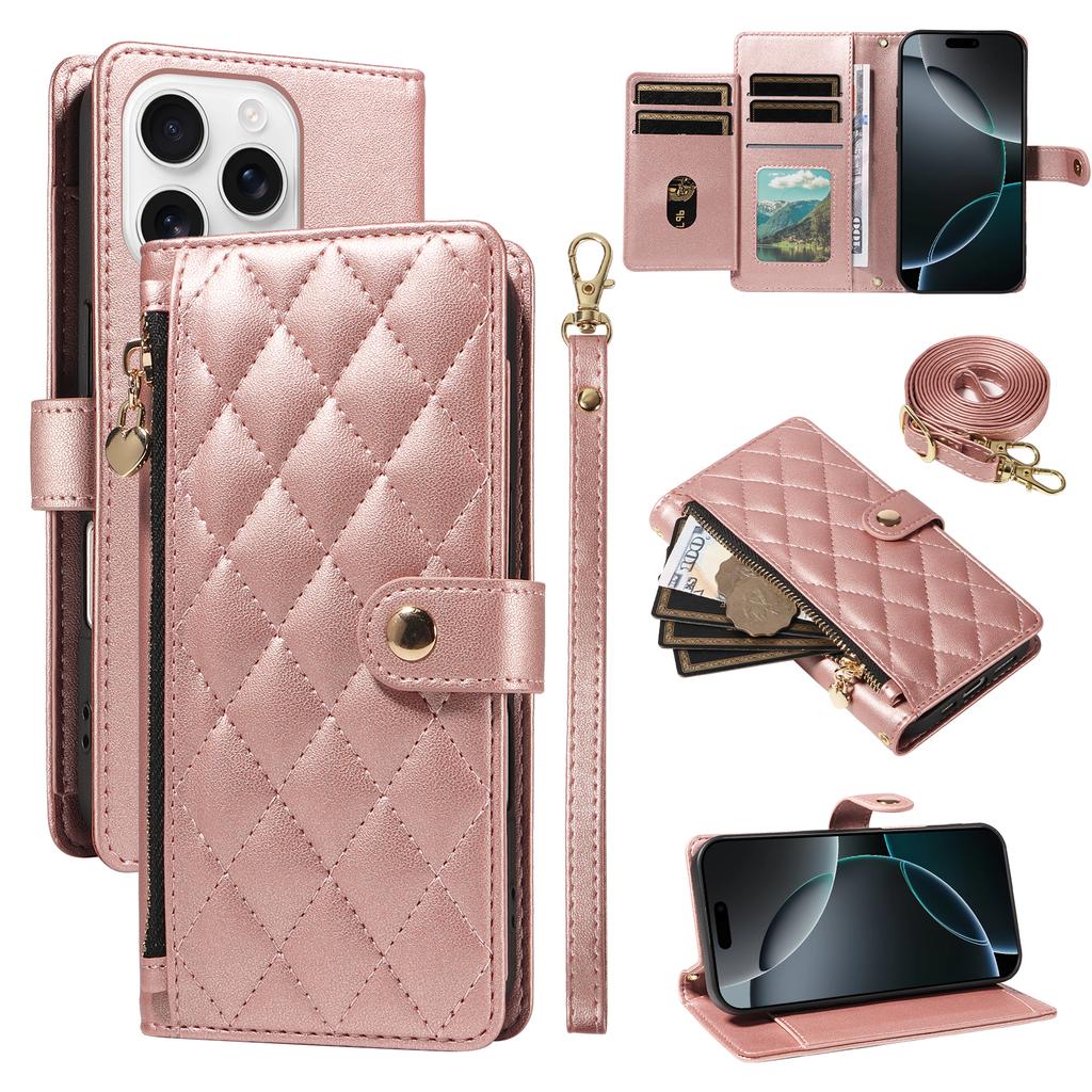 For iPhone 16 Pro Max Wallet Case with Straps,Rhombus Leather Stand Phone Cover