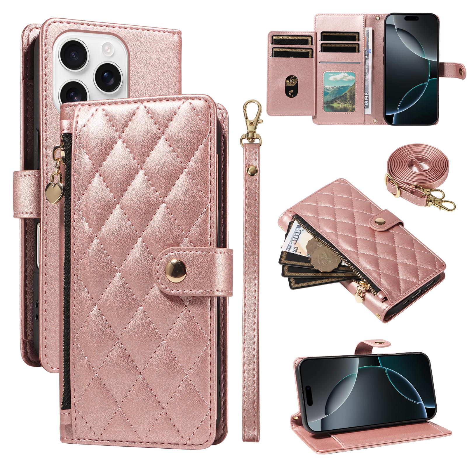 

For iPhone 16 Pro Max Wallet Case with Straps,Rhombus Leather Stand Phone Cover Rose Gold