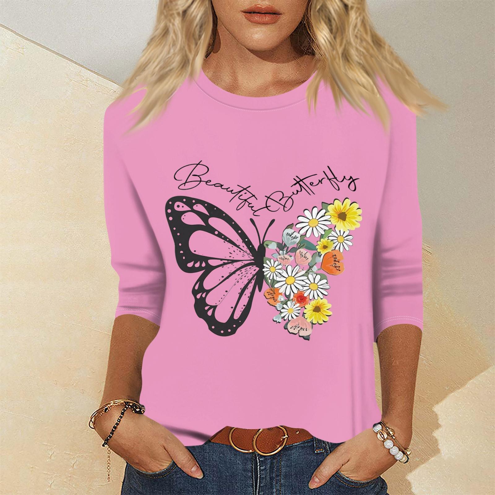 Women s Fashion Casual Three-quarter Sleeve Floral Print Pullover Top L