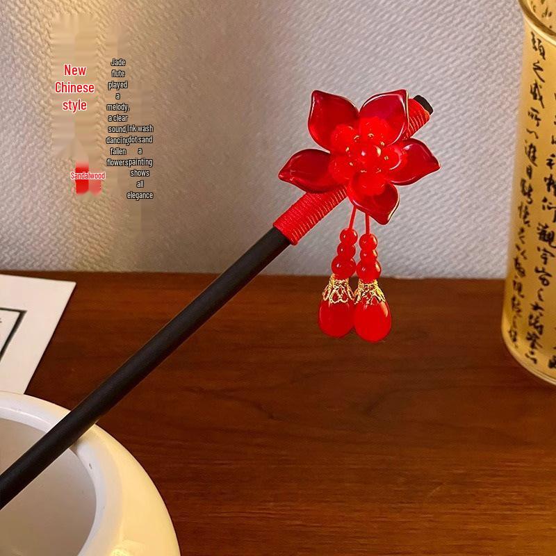 

Традиционная китайская красная заколка для волос с кисточкой в виде цветка для ханьфу и ципао