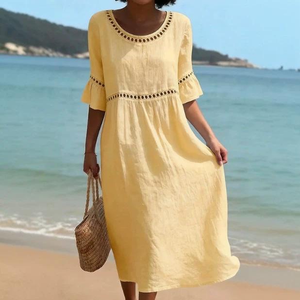Vestido Feminino Casual Elegante de Gola Redonda e Manga Longa de Cor Sólida - Novo Estilo Primavera/Verão