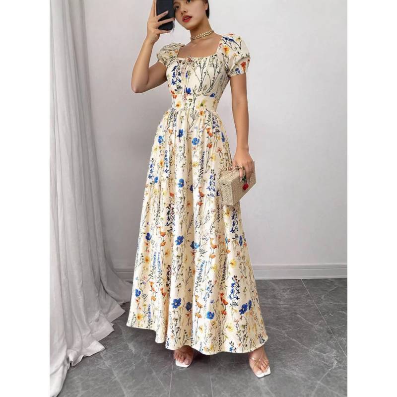 French Bubble Sleeve Printed Dress With Polyester Fabric For Summer Casual Wear