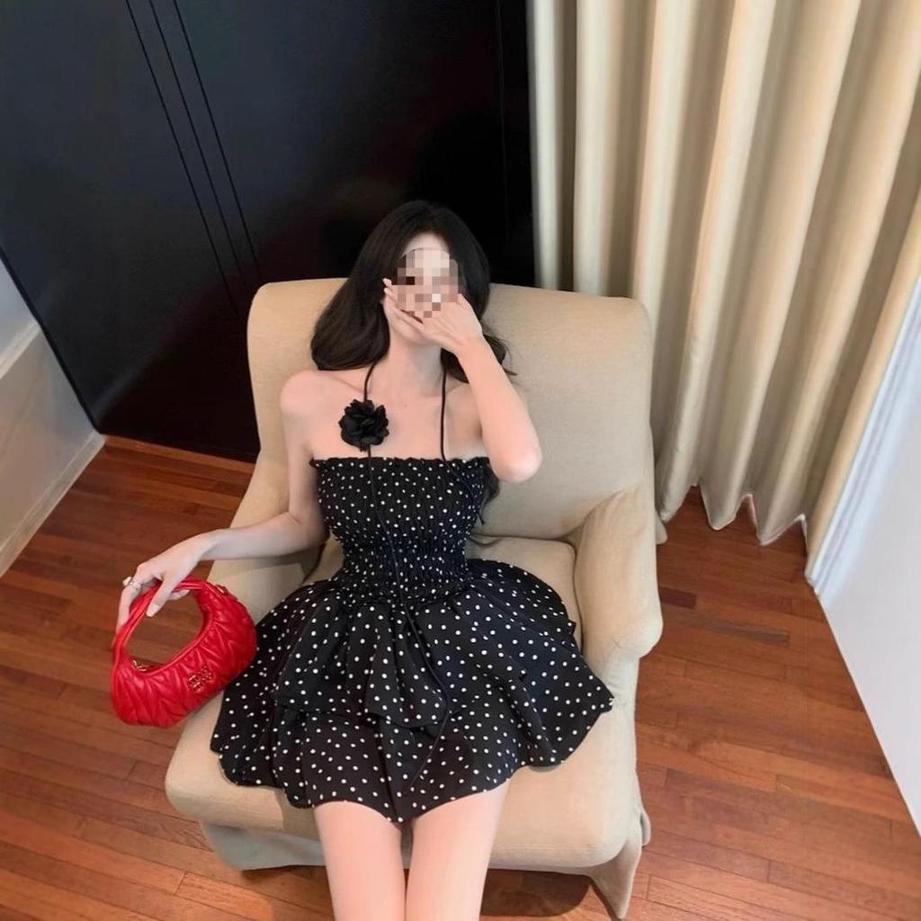Women's Strapless Polka Dot Non-Slip Puffy Dress - Little Black Summer Dress with Waist-Cinching Design