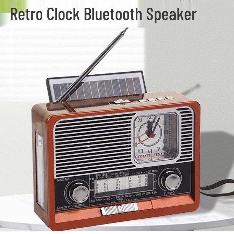 Retro Solar Multi-Band Shortwave Radio & Bluetooth Speaker with USB/SD Player, Clock, and Emergency Light