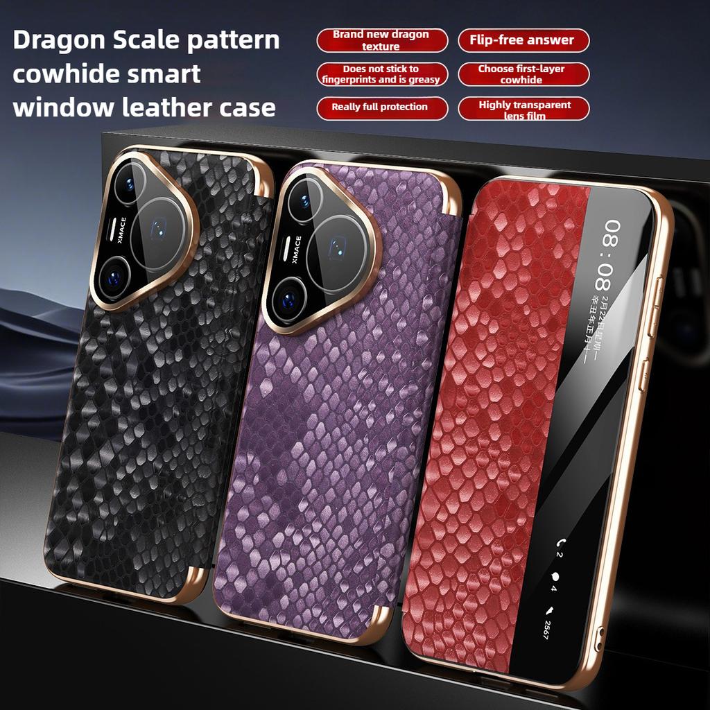 Smart Window Dragon Scale Texture Leather Phone Case for Huawei Pura 80 Ultra Pura70 Pro Plus Mate 70 Pro + 60pro Magnetic Shell