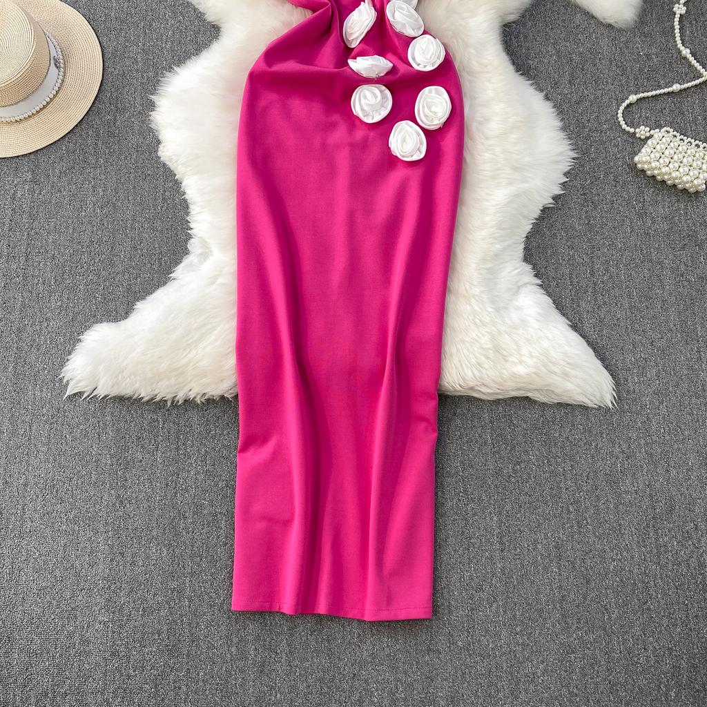 French Temperament Three-dimensional Flower V-tie Chest Pad Dress Women's Summer New Waist and Thin Hip-wrapped Split Dress