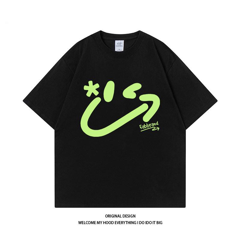 Pure Cotton American Retro National Trend Smiley Face Arrow Print Couples Retro Trend Short Sleeve Loose Everything T S