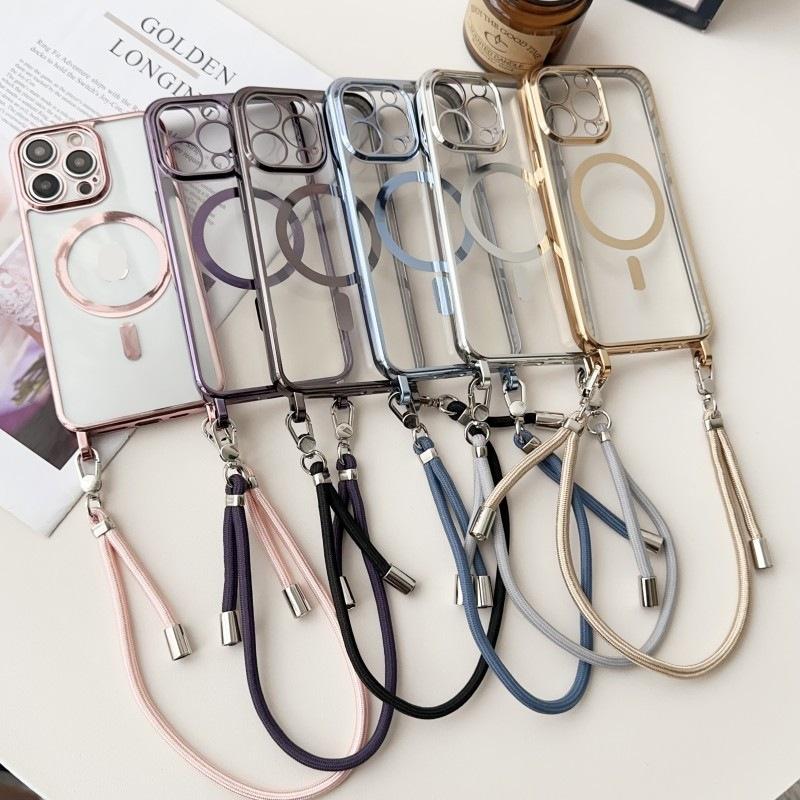 Plating Magnetic Strap Case For iPhone 15 13 12 11 14 16 Pro Max Plus Crossbody Short Long Two Lanyard Necklace Rope Clear Cover