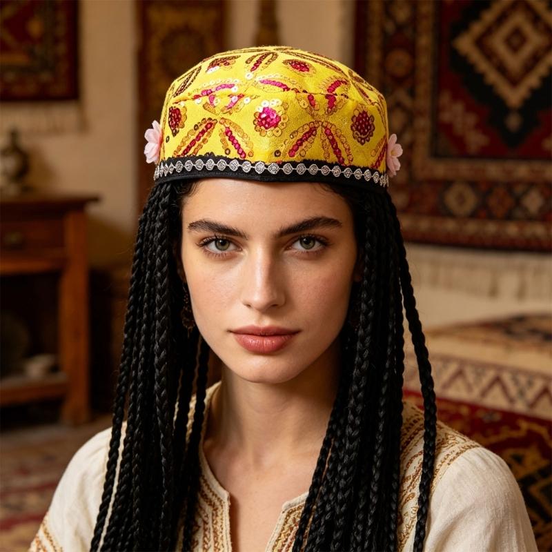 Elegant Beret Cap with Decorative Braids And Sequined Flower Decors Uyghur Hat For Stage Performances and Cultural Event
