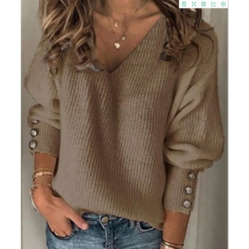 New European American Autumn Winter Fashion Women's Clothing Hot Solid Color Versatile Knitted V-neck Loose Long-sleeved T-shirt