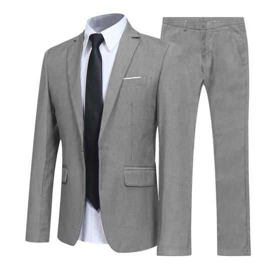 1 Set Men Jacket Pants Solid Color Turndown Collar Slim Fit Business Suit Set Plus Size Groom Blazer Trousers for Wedding Office