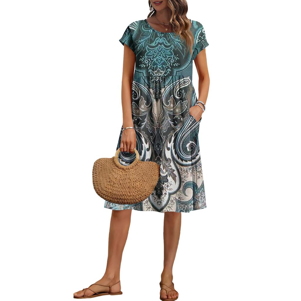 Women's Summer Fashion Casual Round Neck Short Sleeve Vintage Print Dress
