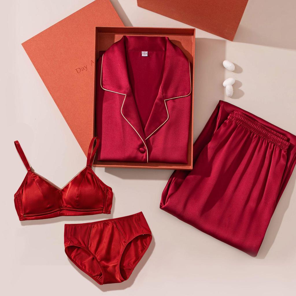 Silk Red Wedding Pajamas for Couples - Newlywed Set In Gift Box
