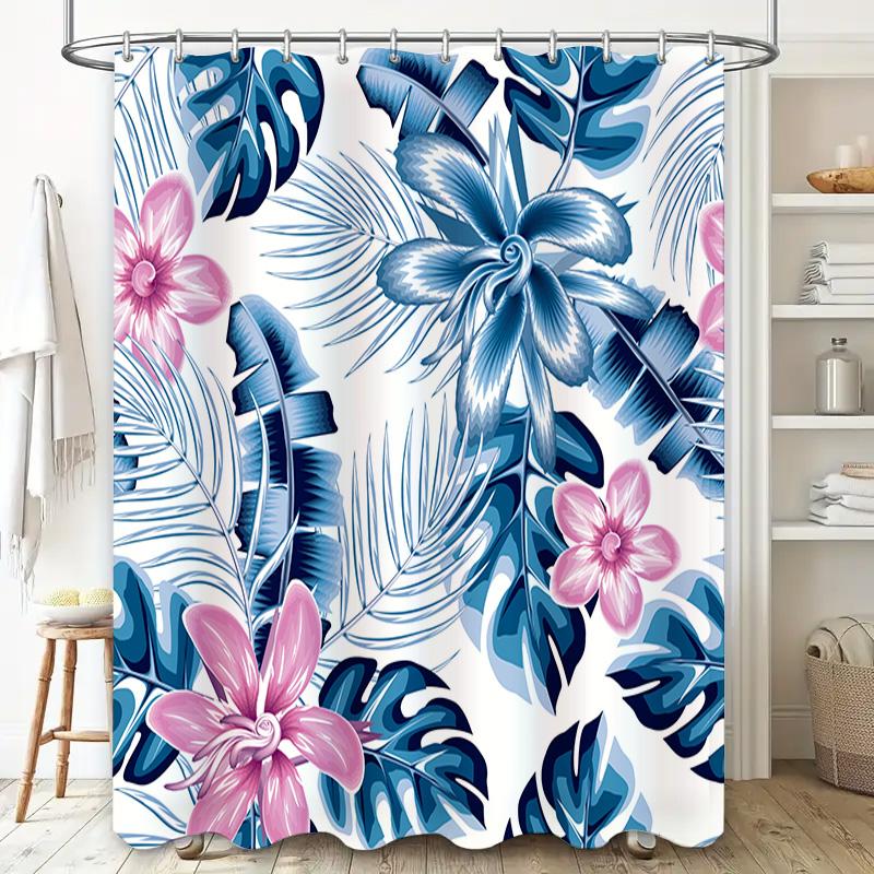 Blue Floral Shower Curtain: Tropical Leaves Flowers Design for Bathroom Decor Water-Resistant Fabric with Hook Rings (180x240cm)