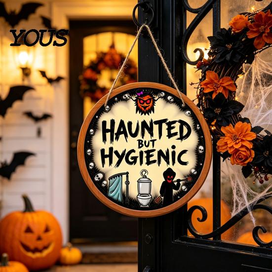 Funny Restroom Wall Sign Bathroom Halloween Hanging Ornaments, Creative Ghost Wooden Decor Sign, Decorative for Holiday Art