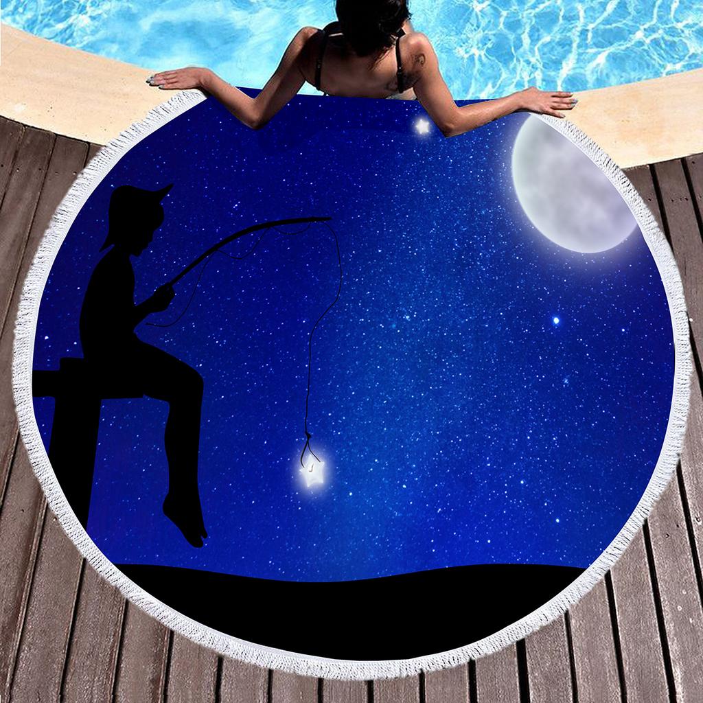 Oil Painting Round Beach Towel,Night Sky Star Moon Print Sand Resistant Beach Blanket,Absorbent Quick Dry Pool Towel Picnic Mat