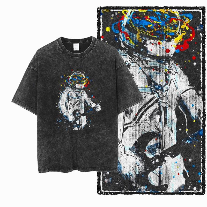 Vintage Space Station T Shirt Men Retro Space Graphic Tee Casual Streetwear Short Sleeve Tops