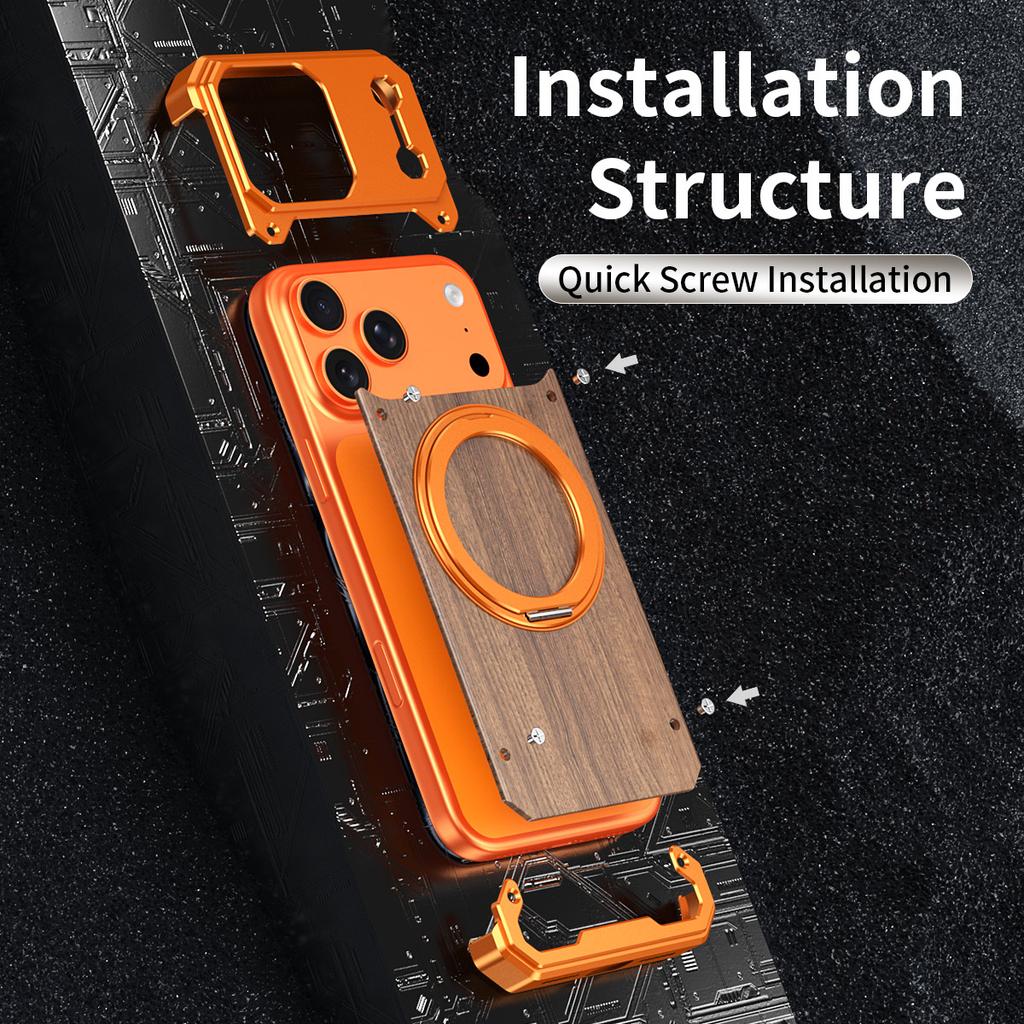 Luxury Metal Alloy Frame Wood Frameless Phone Case For iPhone 17 pro max 16 15 Pro Max Magsafe Magnet 360 Rotating Bracket Cover