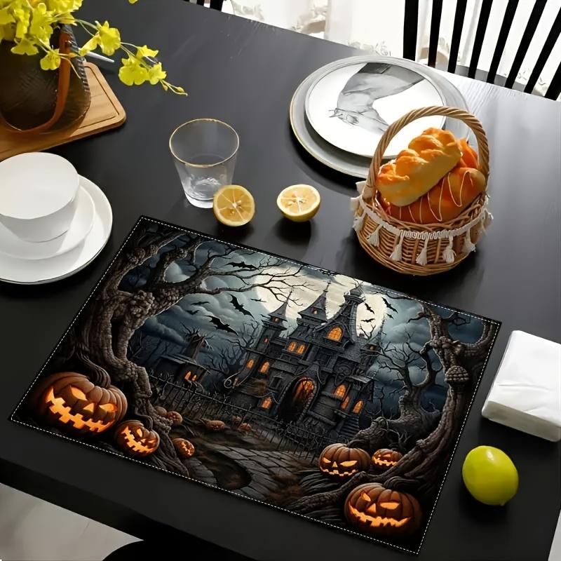 4/6pcs Halloween Placemats Spooky Old Castle Pumpkin Cafe Home Decorations Linen Holiday Atmosphere Gods
