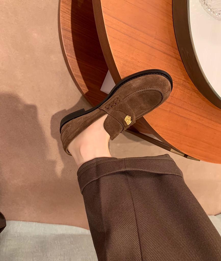 Hair, High-end Cowhide Version~ Retro Round Head Small Gold Coin Lazy Loafer Single Shoe Woman