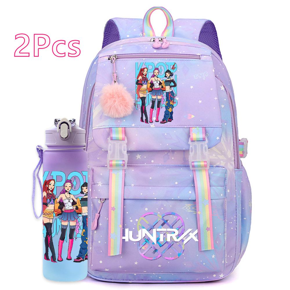 2 st/set Söt Anime Kpop Tryckt Ryggsäck 750 ml Vattenflaska Stor Kapacitet Resväska för Tonårsflicka Pojke Bokväska Barnpresent Rucksak
