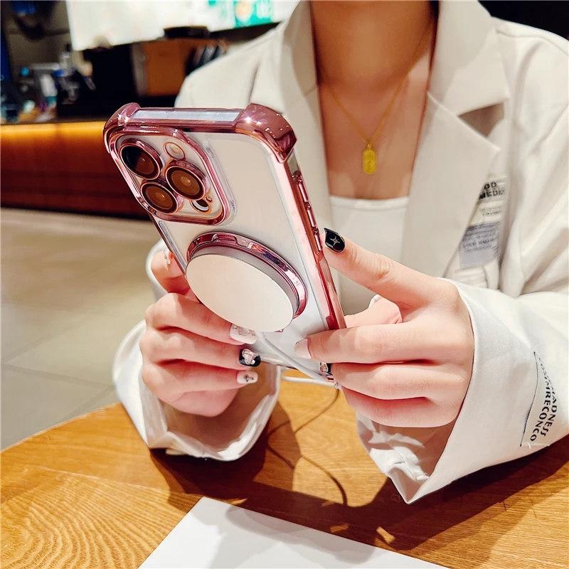 For iPhone 15 Pro Max Luxury Plating Frame Magsafe Magnetic Stand Phone Case For iPhone 11 12 13 14 15 Plus Lens Protective Cover