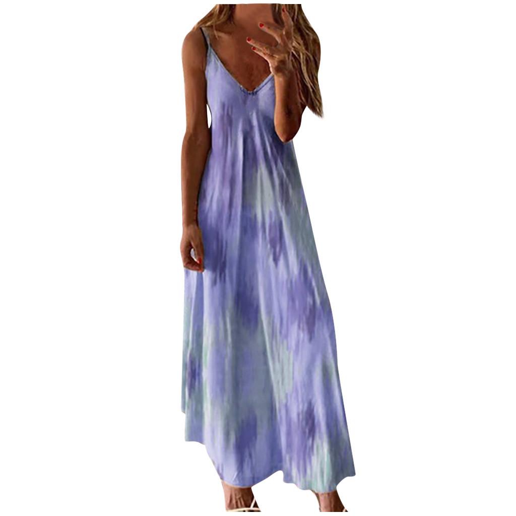 Fashion Women Sexy Plus Size Tie-dye Print Sleeveless V-Neck Camisole Long Dress