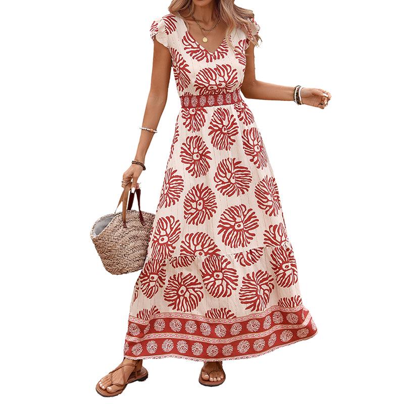 European & American 2026 Summer Retro Resort Waist-Cinching Geometric Floral Dress