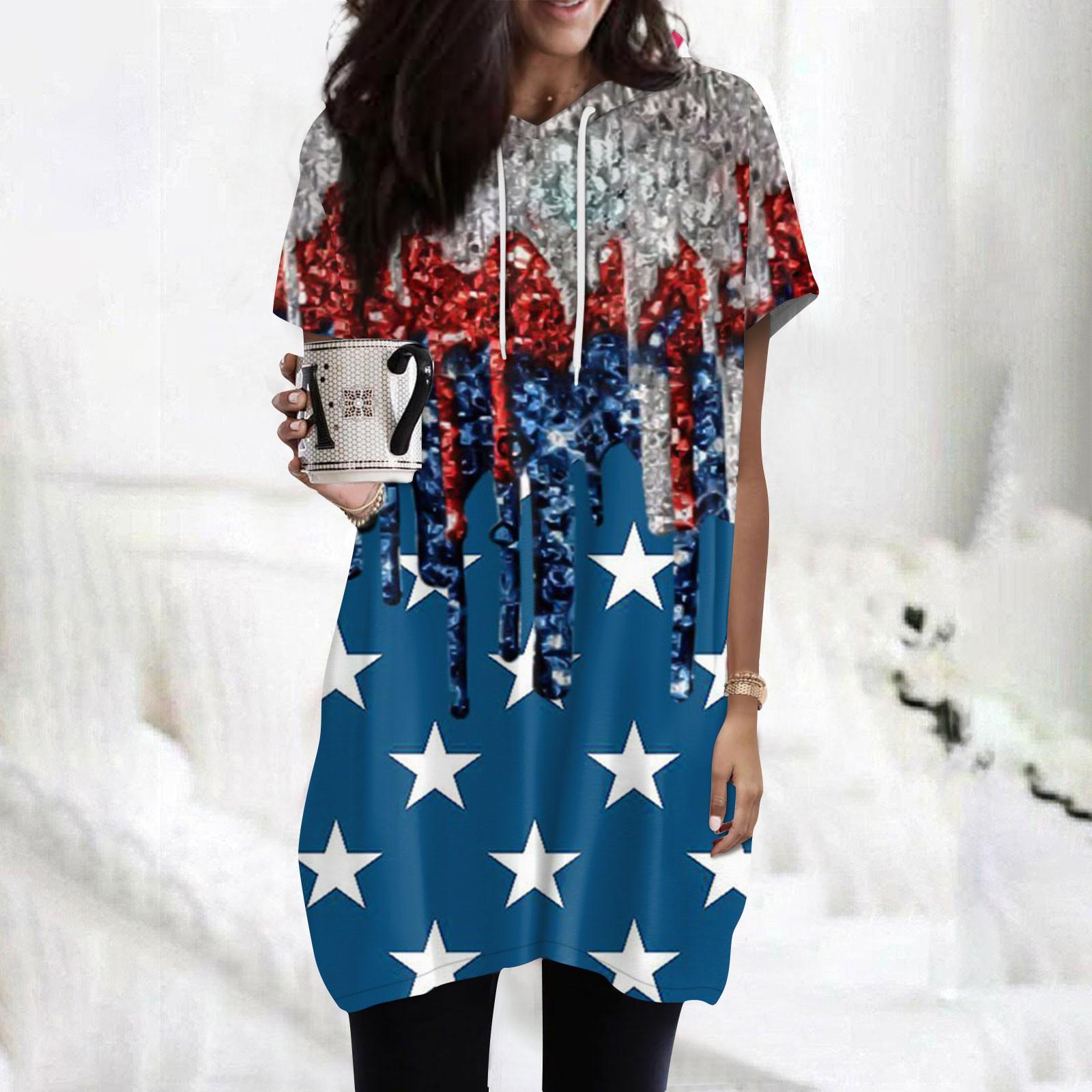 

Женские толстовки, повседневные рубашки с короткими рукавами, модные туники с принтом ко Дню независимости, топы с карманами L синий