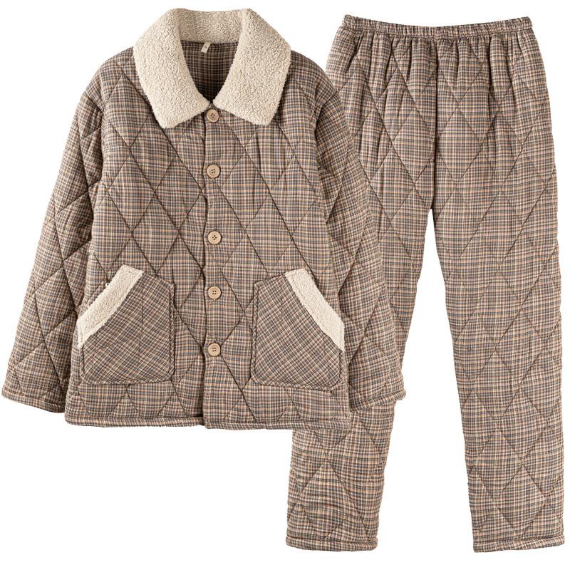 Pajamas Men'S Winter Three-Layer Thickened Fleece Woven Cotton-Padded Jacket Men'S Autumn And Winter Coral Fleece Loungewear