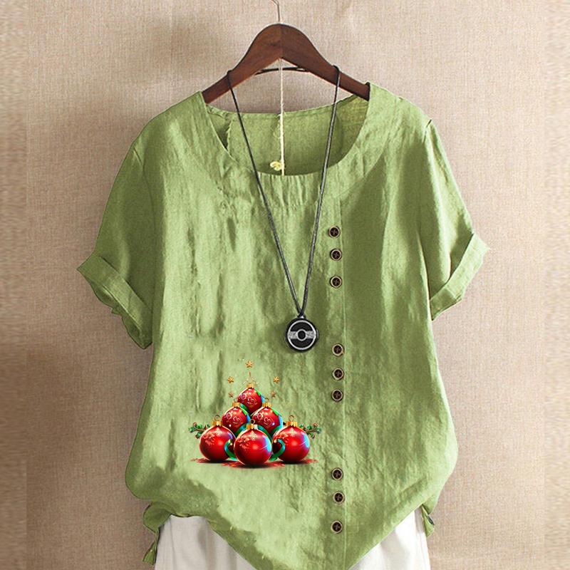 

Женская модная футболка с круглым вырезом и коротким рукавом с красным колокольчиком, повседневная хлопково-льняная рубашка с рисунком, свободная летняя блузка для отдыха, топы 5XL зелёный