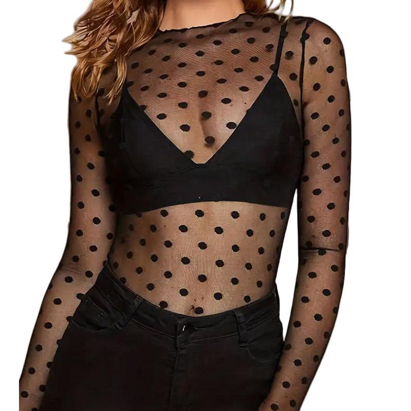 Lace T-shirt for women, club mesh T-shirt top, sheer mesh base shirt XS
