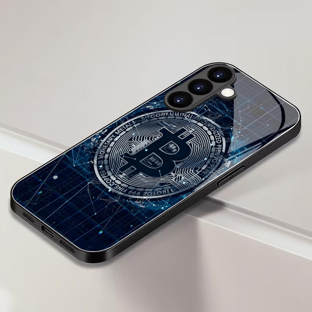Technologie Bitcoin Schwarzes Glas Handyhülle Geeignet für Samsung Galaxy S26 S25 S24 S22 S21 S20 FE/Ultra/Plus Sturzfest Rückseite
