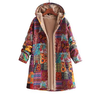Moda Vintage Rüzgarlık Yeni Kış Kadın Pamuk ve Keten Baskılı Kapşonlu Sıcak Orta Uzunlukta Küçük Kokulu Rüzgar Peluş Mont