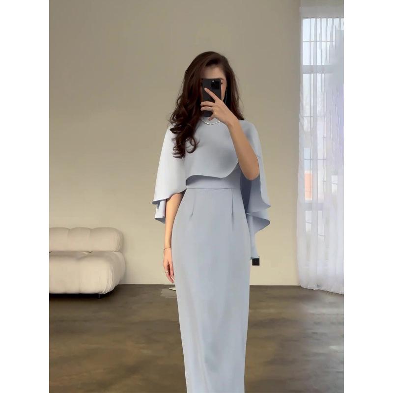 European and American 2024 Solid Color Satin Batwing Shawl Dress with Long Sleeves