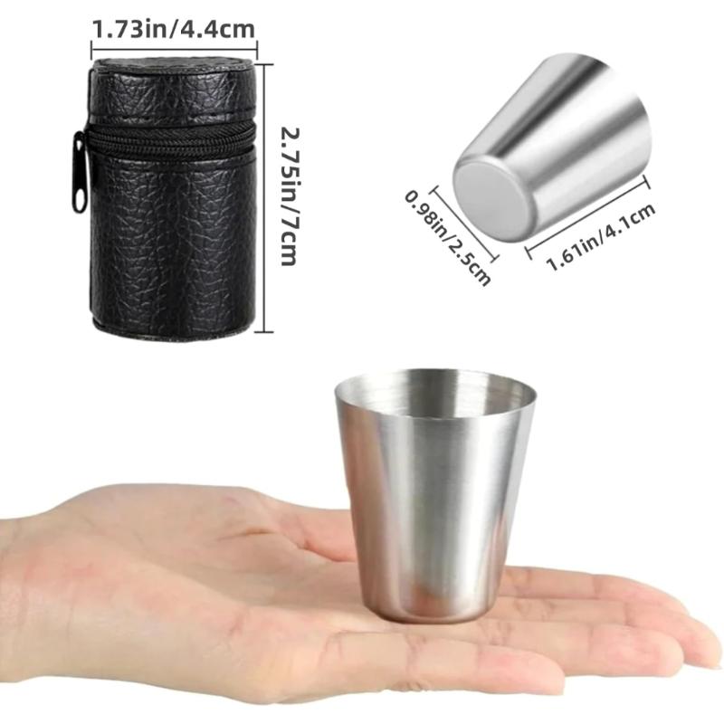 Mini Stainless Steel Cups Set 4Pcs 30ML with Leather Storage Case for Outdoor Travel Party Gifts