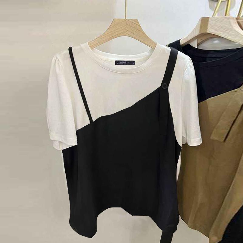 

ZANZEA Женская повседневная летняя блузка с круглым вырезом и коротким рукавом из двух частей 5XL