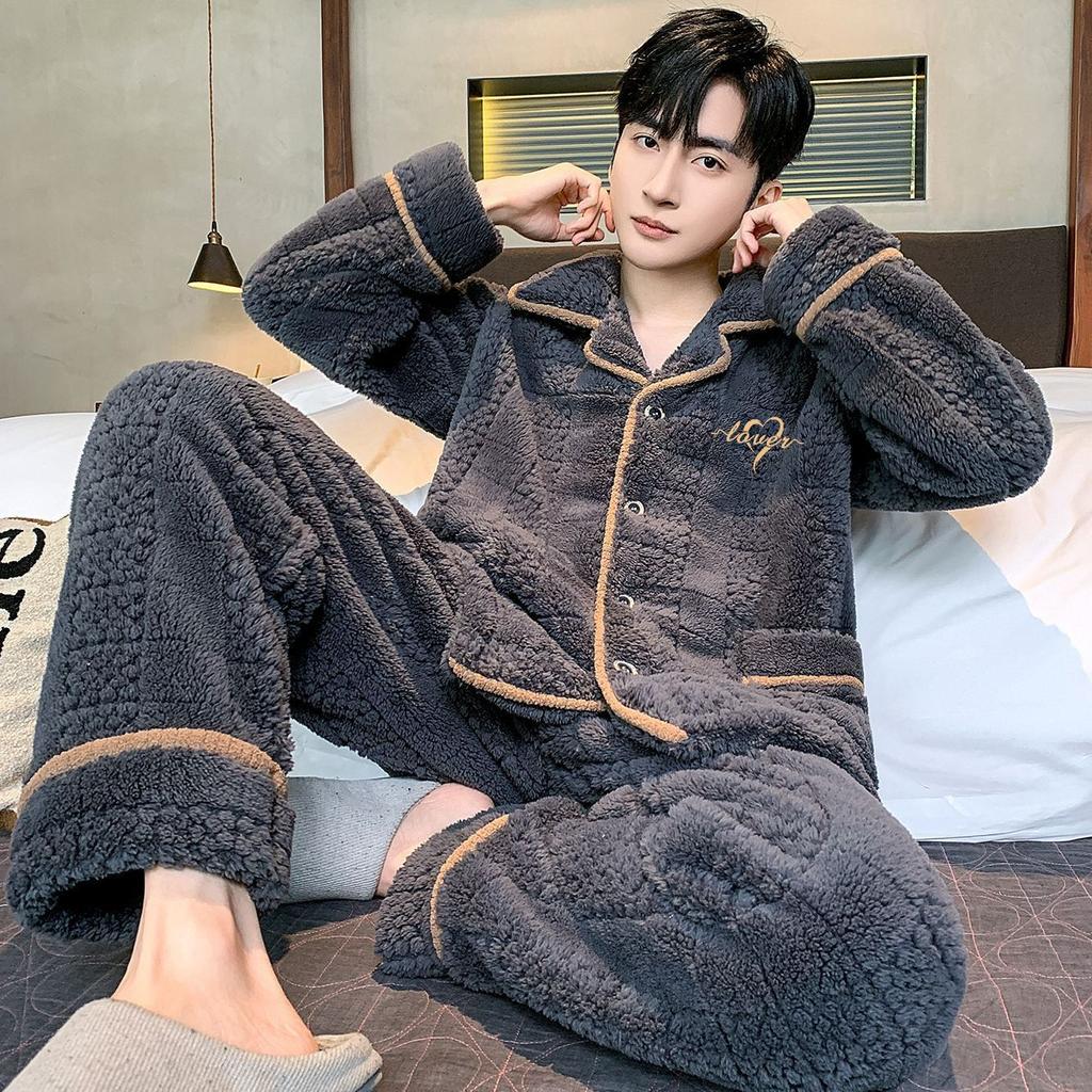 Men's pajamas coral fleece autumn and winter warm home leisure suits can be worn outside plush loungewear men's