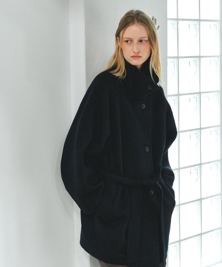 AENTE Wool Belted Half Coat - Navy